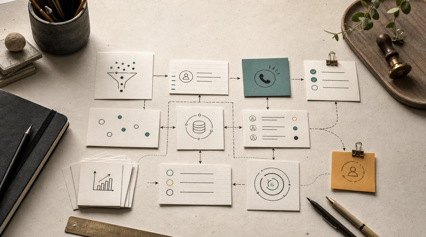 Sales workflow map with inbound leads, CRM records, calls, follow-up tasks, manager review, and coaching signals