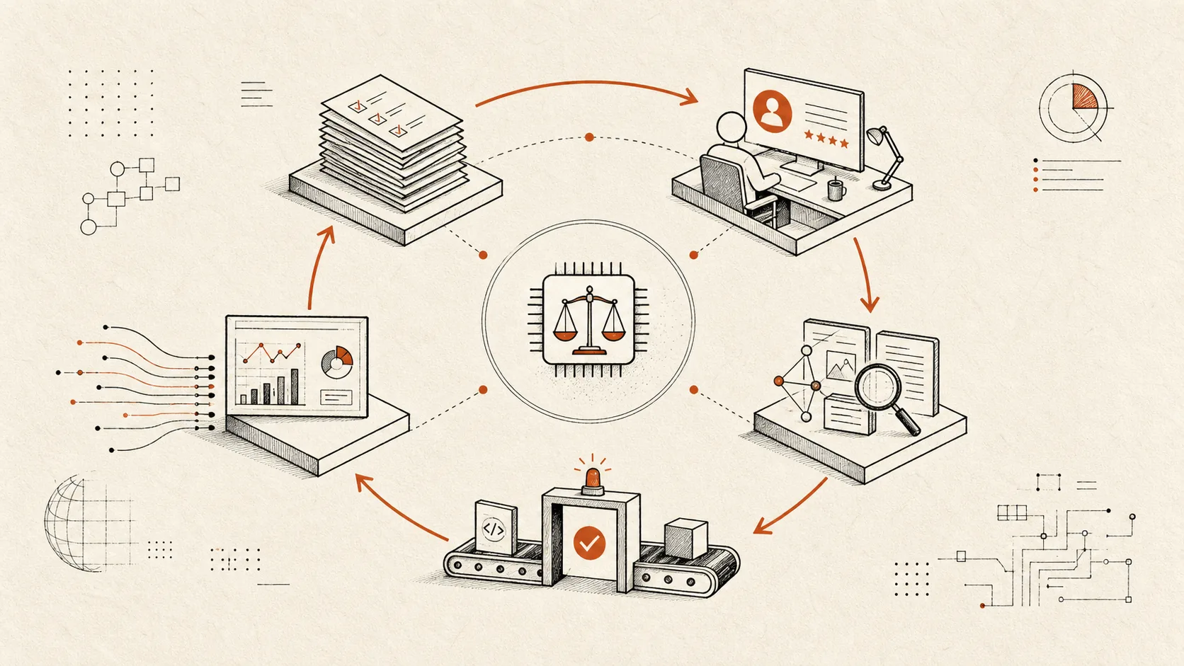 AI eval loop from real examples through checks, LLM judge, release gate, and production feedback
