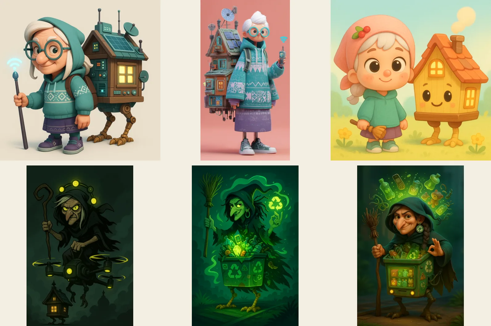 Gallery of early classic Baba Yaga concept variants extracted from the PDF direction
